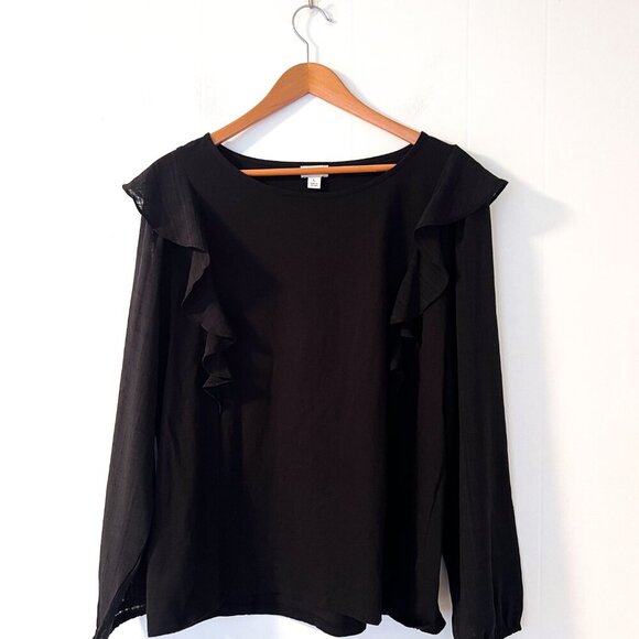 NEW J. Crew Ruffle-Shoulder Top Plaid Jacquard Sleeves Pullover Stretch Cotton L - Picture 7 of 13